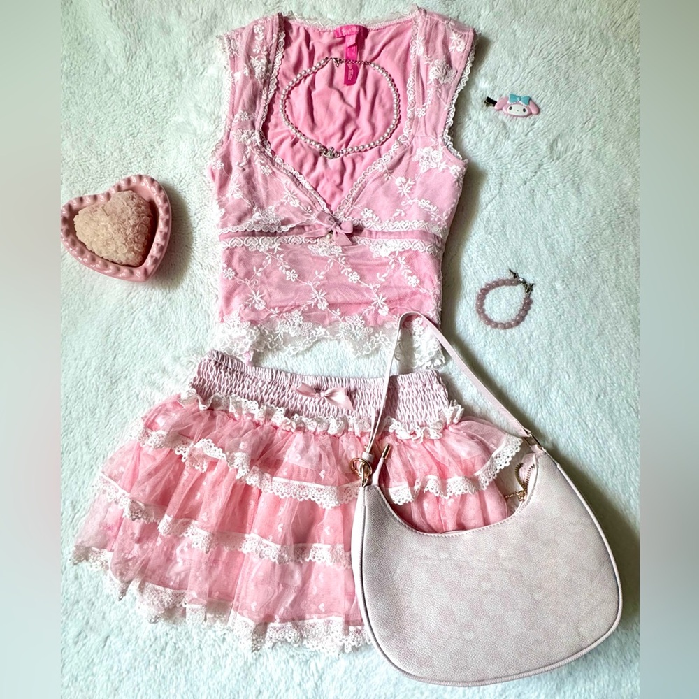 Pink Lace Sweetheart Top and Mini Skirt Set